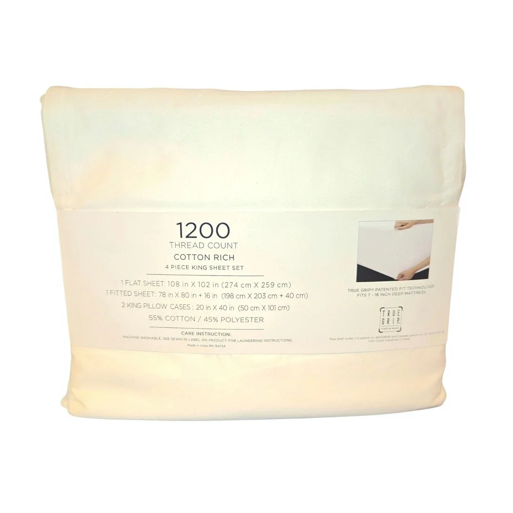 Color Sense Sheet Set King White 1200TC Cotton Rich 4pc True Grip Deep Pocket